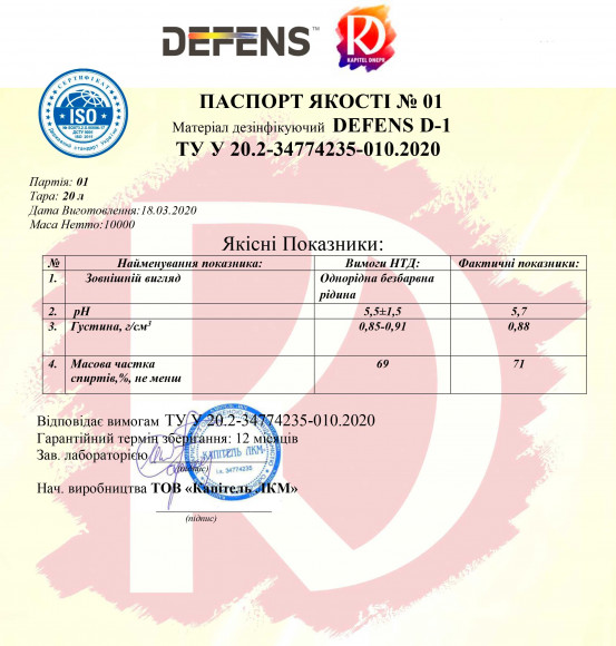 Паспорт Качества DEFENS D-1 Паспорт Качества DEFENS D-1
